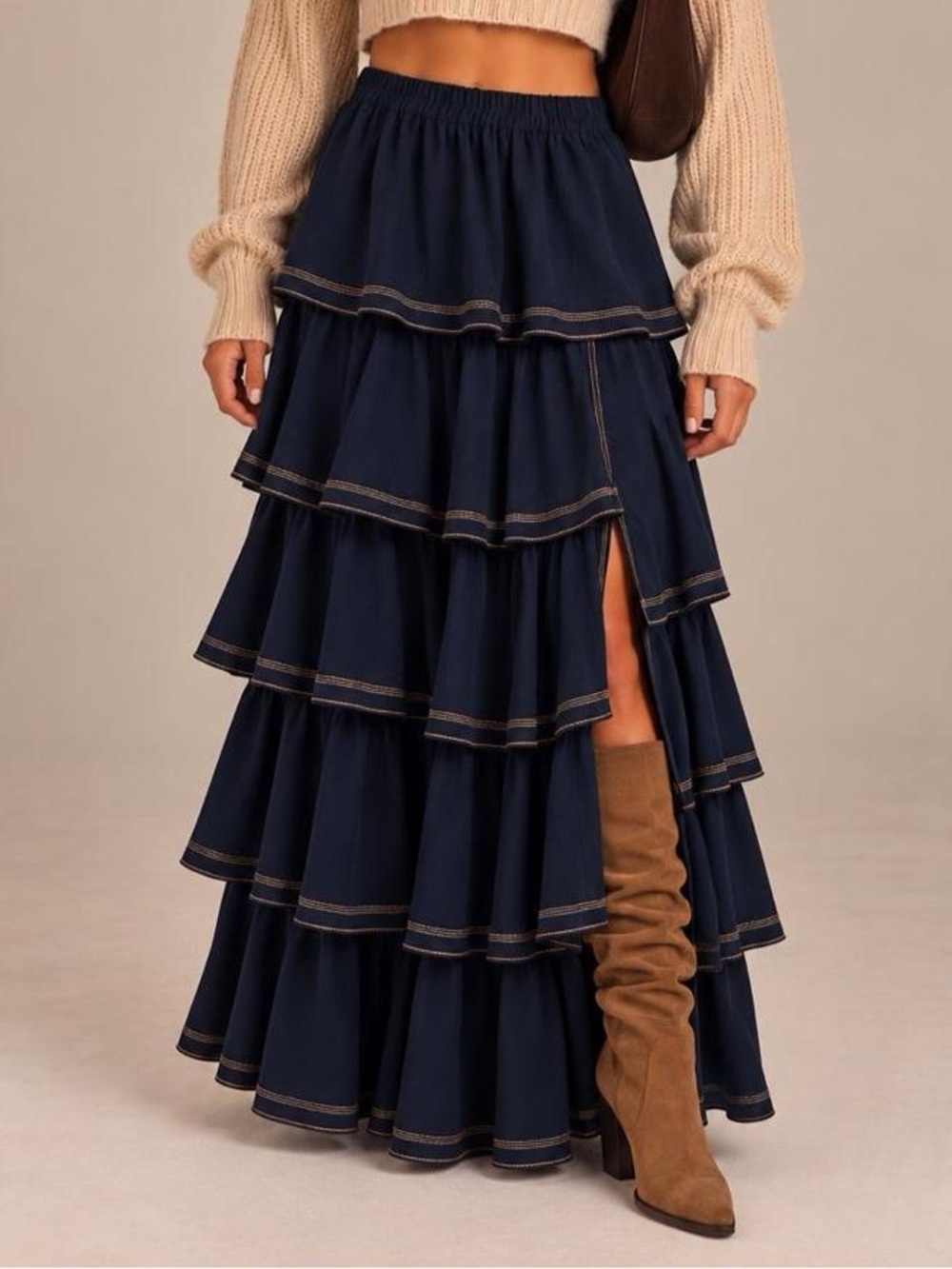 Tiered Navy Maxi Skirt with Contrast Trim
